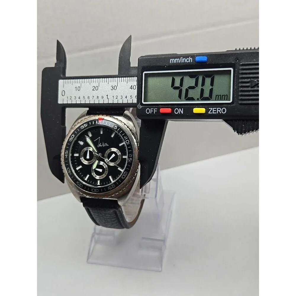 John Weitz JW209 Mens Day Date 24 Hour Black Dial Leather Wristwatch New Battery